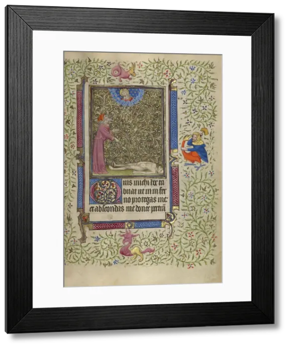 Framed Print : Job Pointing to a Corpse on the Ground; Book of Hours, about 1410. Creator: Unknown Framed Print : Job Pointing to a Corpse on the Ground; Book of Hours, about 1410. Creator: Unknown