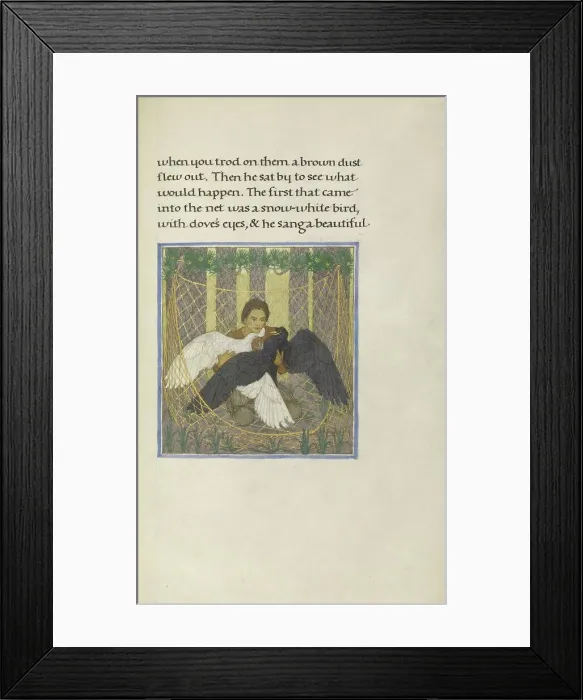 Framed Print : A Hunter with Two Birds in a Net; Story of a Hunter, 1908. Creator: Florence Kingsford Cockerell