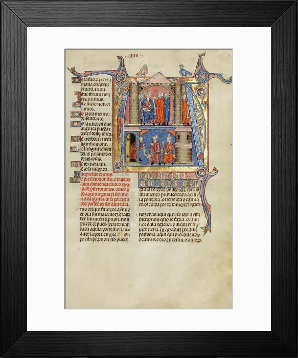 Framed Print : Initial A: Two Men before a King and A Man Speaking to a Family; Vidal Mayor, about 1290-1310. Creators: Unknown, Michael Lupi de Candiu Framed Print : Initial A: Two Men before a King and A Man Speaking to a Family; Vidal Mayor, about 1290-1310. Creators: Unknown, Michael Lupi de Candiu