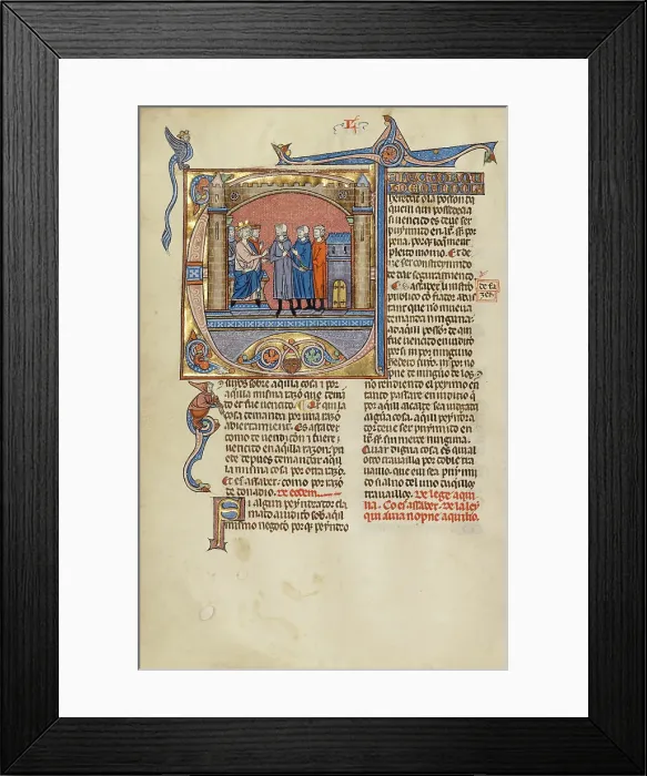 Framed Print : Initial D: Three Men before a Judge; Vidal Mayor, about 1290-1310. Creators: Unknown, Michael Lupi de Candiu Framed Print : Initial D: Three Men before a Judge; Vidal Mayor, about 1290-1310. Creators: Unknown, Michael Lupi de Candiu