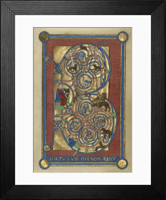 Framed Print : Initial B: David Playing the Harp; Bute Psalter, (replacement leaf, late 19th century?). Creator: Unknown