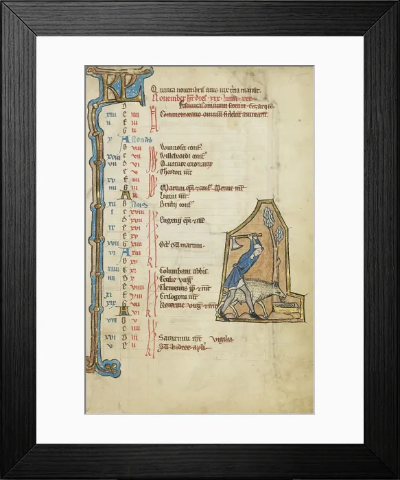 Framed Print : November Calendar Page; Gathering Acorns for Pigs; Psalter, mid-1200s. Creator: Unknown Framed Print : November Calendar Page; Gathering Acorns for Pigs; Psalter, mid-1200s. Creator: Unknown