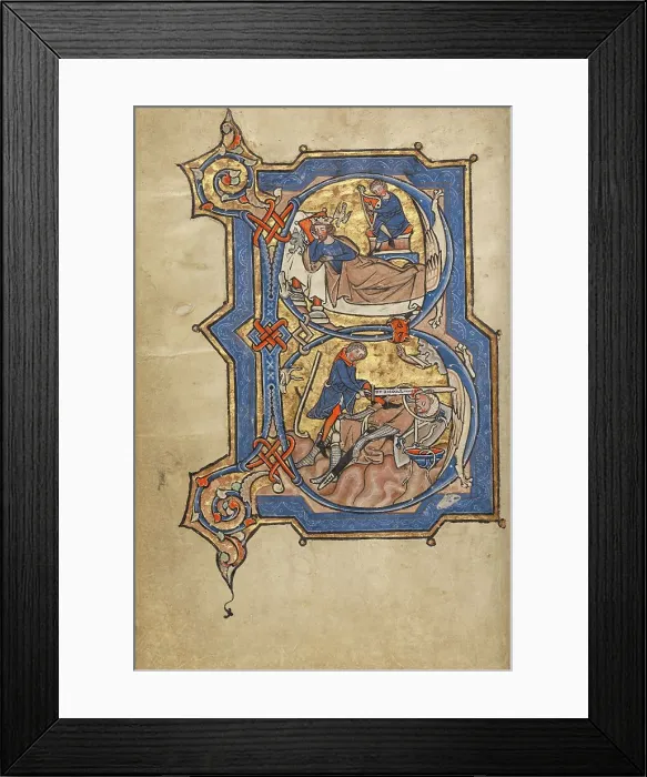 Framed Print : Initial B: David Playing the Harp for Saul, and David and Goliath; Psalter, mid-1200s. Creator: Unknown Framed Print : Initial B: David Playing the Harp for Saul, and David and Goliath; Psalter, mid-1200s. Creator: Unknown