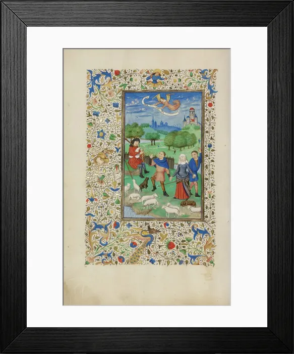Framed Print : The Annunciation to the Shepherds; Llangattock Hours, 1450s. Creator: Unknown Framed Print : The Annunciation to the Shepherds; Llangattock Hours, 1450s. Creator: Unknown