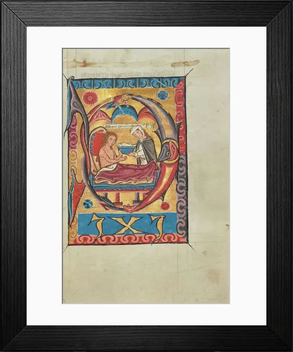 Framed Print : Initial D: A Woman Feeding a Leper in Bed; Psalter, about 1275-1300. Creator: Unknown Framed Print : Initial D: A Woman Feeding a Leper in Bed; Psalter, about 1275-1300. Creator: Unknown