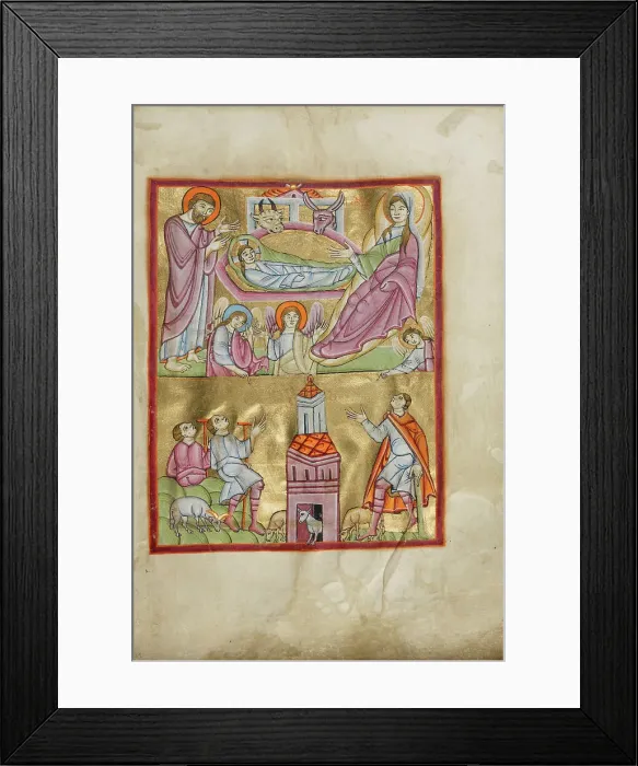 Framed Print : The Nativity and The Annunciation to the Shepherds; Benedictional, about 1030-1040. Creator: Unknown Framed Print : The Nativity and The Annunciation to the Shepherds; Benedictional, about 1030-1040. Creator: Unknown