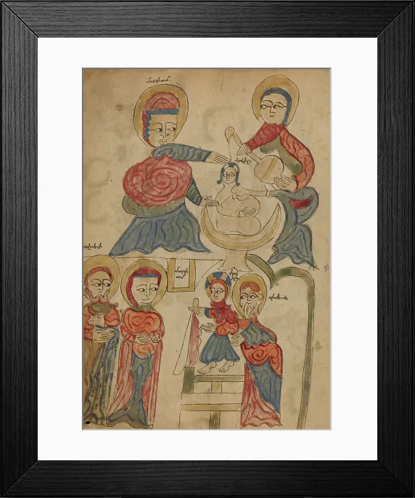 Framed Print : Bathing the Christ Child and The Presentation in the Temple; Gospel Book, 1386. Creator: Unknown Framed Print : Bathing the Christ Child and The Presentation in the Temple; Gospel Book, 1386. Creator: Unknown