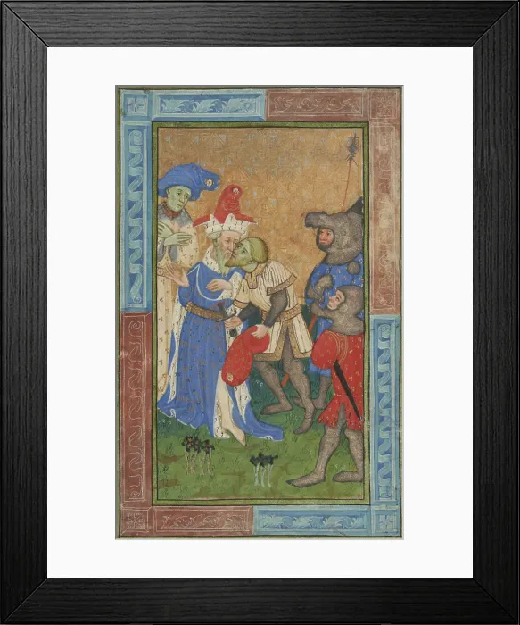 Framed Print : Assassination scene - miniature from a manuscript, about 1420. Creator: Master of Trinity College Ms. B.11.7
