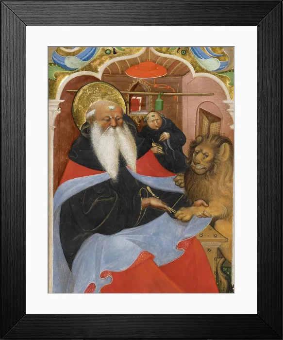 Framed Print : Saint Jerome Extracting a Thorn from a Lion's Paw, second quarter of 15th century. Creator: Master of the Murano Gradual Framed Print : Saint Jerome Extracting a Thorn from a Lion's Paw, second quarter of 15th century. Creator: Master of the Murano Gradual