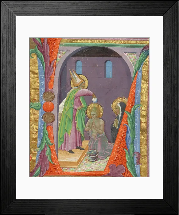 Framed Print : Saint Ambrose baptising Saint Augustine, Cutting from a Choir Book, about 1430. Creator: Master of the Osservanza Triptych Framed Print : Saint Ambrose baptising Saint Augustine, Cutting from a Choir Book, about 1430. Creator: Master of the Osservanza Triptych