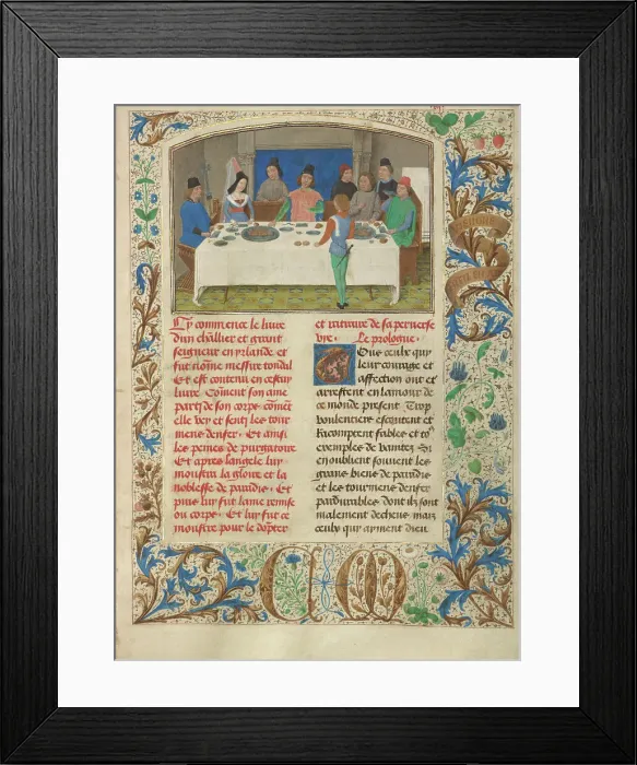 Framed Print : Tondal Suffers a Seizure at Dinner; Les Visions du chevalier Tondal, 1475. Creator: Simon Marmion Framed Print : Tondal Suffers a Seizure at Dinner; Les Visions du chevalier Tondal, 1475. Creator: Simon Marmion