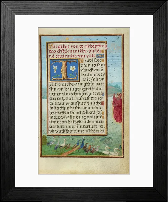 Framed Print : Border with the Creation of Birds and Fishes, about 1525-1530. Creator: Simon Bening Framed Print : Border with the Creation of Birds and Fishes, about 1525-1530. Creator: Simon Bening