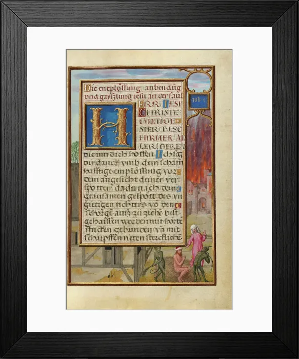 Framed Print : Border with Job Mocked by His Wife and Tormented by Two Devils, about 1525-1530. Creator: Simon Bening Framed Print : Border with Job Mocked by His Wife and Tormented by Two Devils, about 1525-1530. Creator: Simon Bening