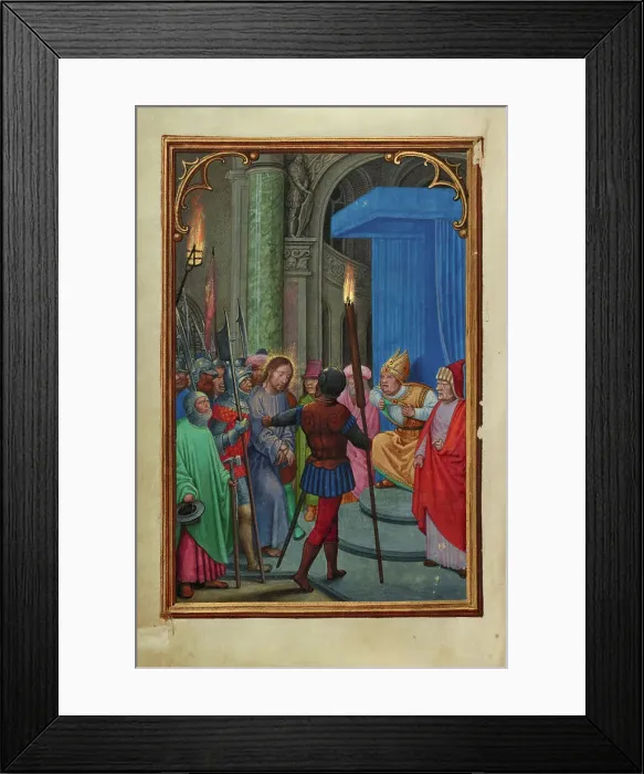 Framed Print : Christ before Caiaphas; Prayer Book of Cardinal Albrecht of Brandenburg, about 1525-1530. Creator: Simon Bening Framed Print : Christ before Caiaphas; Prayer Book of Cardinal Albrecht of Brandenburg, about 1525-1530. Creator: Simon Bening