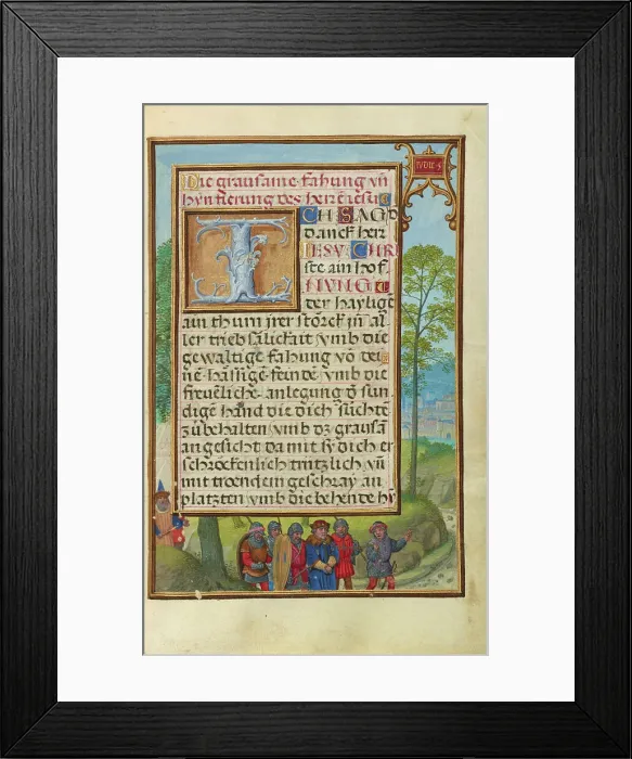 Framed Print : Border with the Arrest of Achior; Prayer Book of Cardinal Albrecht of Brandenburg, about 1525-1530. Creator: Simon Bening Framed Print : Border with the Arrest of Achior; Prayer Book of Cardinal Albrecht of Brandenburg, about 1525-1530. Creator: Simon Bening
