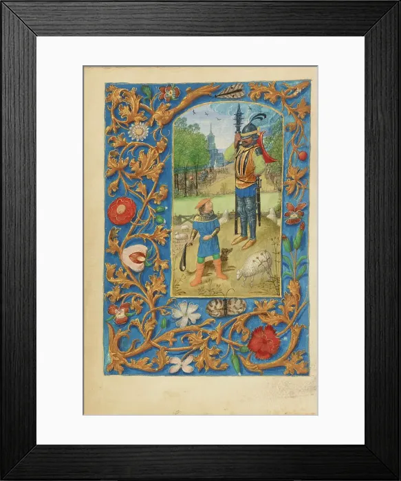 Framed Print : David and Goliath; Crohin-La Fontaine Hours, about 1480-1485 ?. Creator: Master of the Dresden Prayer Book or workshop (Flemish, active about 1480 - 1515) Framed Print : David and Goliath; Crohin-La Fontaine Hours, about 1480-1485 ?. Creator: Master of the Dresden Prayer Book or workshop (Flemish, active about 1480 - 1515)