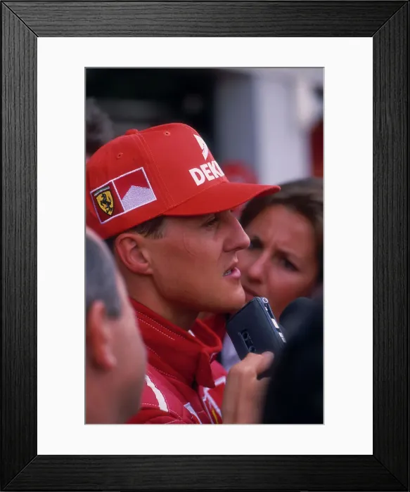 Framed Print : Michael Schumacher being interviewed, British Grand Prix, Silverstone, Northamptonshire, 1997 Framed Print : Michael Schumacher being interviewed, British Grand Prix, Silverstone, Northamptonshire, 1997