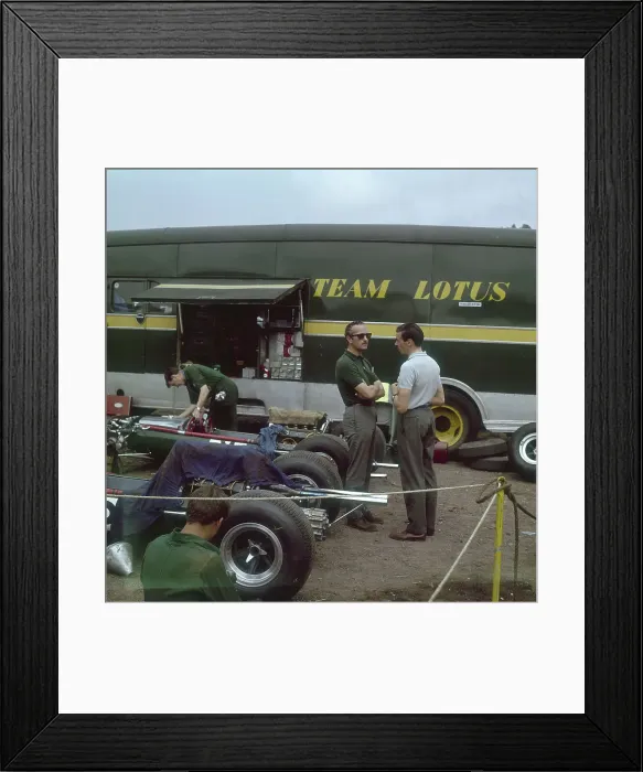 Framed Print : Chapman and Clark outside the Lotus team bus, French Grand Prix, Clermont-Ferrand, France, 1965 Framed Print : Chapman and Clark outside the Lotus team bus, French Grand Prix, Clermont-Ferrand, France, 1965