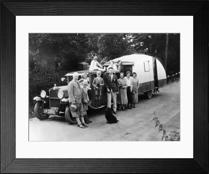 Framed Print : Family group with their 1930 Fiat towing a caravan, (c1930?) Framed Print : Family group with their 1930 Fiat towing a caravan, (c1930?)