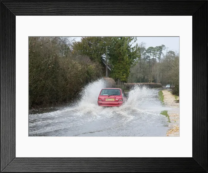 Framed Print : Rover Metro driving through floods at Beaulieu 2008 Framed Print : Rover Metro driving through floods at Beaulieu 2008