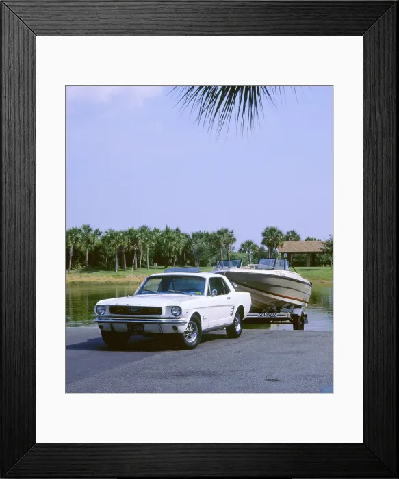 Framed Print : 1967 Ford Mustang towing a boat Framed Print : 1967 Ford Mustang towing a boat