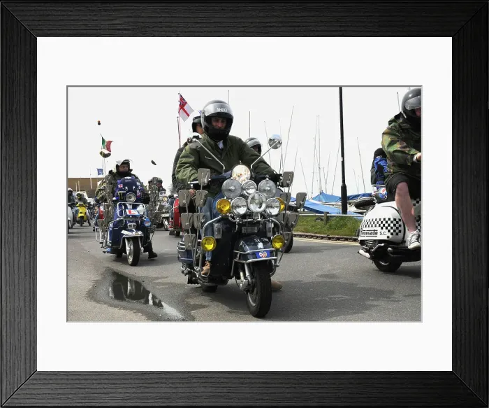 Framed Print : Group of Mods on their Scooters at Mudeford 2008 Framed Print : Group of Mods on their Scooters at Mudeford 2008