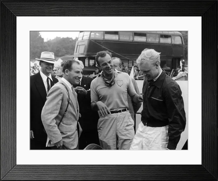Framed Print : Stirling Moss with Harry Schell and Mike Hawthorn, Crystal Palace, July 1955