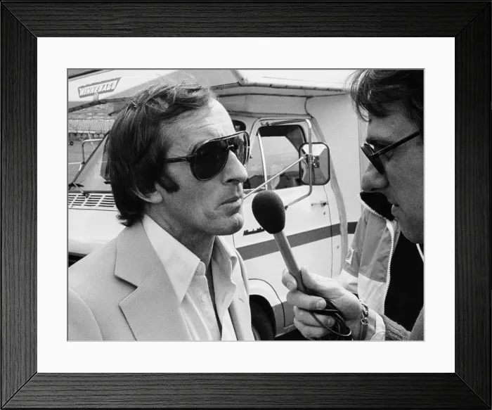 Framed Print : Jackie Stewart being interviewed, 1980 Framed Print : Jackie Stewart being interviewed, 1980