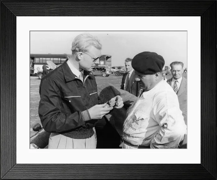 Framed Print : Mike Hawthorn with a model car, c1953-c1958 Framed Print : Mike Hawthorn with a model car, c1953-c1958