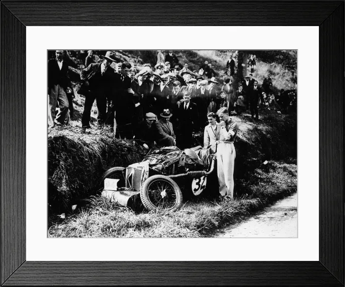 Framed Print : Goldie Gardner by the wreckage of an MG J4, 1932 Framed Print : Goldie Gardner by the wreckage of an MG J4, 1932