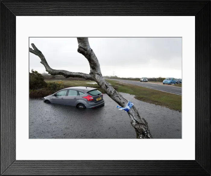 Framed Print : Ford Focus in flooded ditch after losing control on wet road 2012 Framed Print : Ford Focus in flooded ditch after losing control on wet road 2012