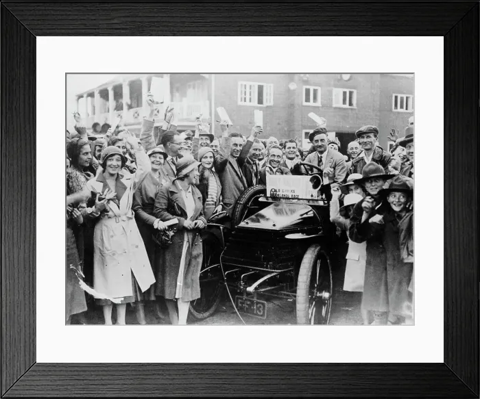 Framed Print : A 1904 Wolseley amidst a crowd of cheering people, Brooklands, Surrey, late 1920s-early 1930s Framed Print : A 1904 Wolseley amidst a crowd of cheering people, Brooklands, Surrey, late 1920s-early 1930s
