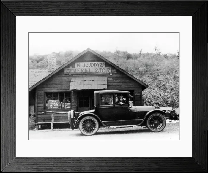 Framed Print : 1916 Cadillac V8 car, parked outside a general store, USA, (c1916?) Framed Print : 1916 Cadillac V8 car, parked outside a general store, USA, (c1916?)