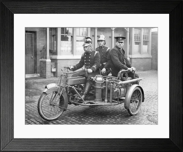 Framed Print : A Rex motorcycle being used by firemen Framed Print : A Rex motorcycle being used by firemen