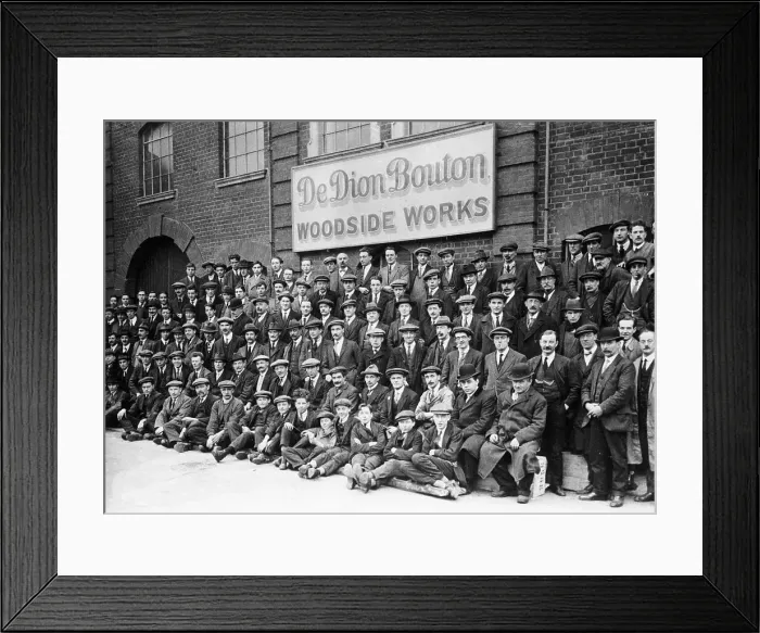 Framed Print : Workers outside the British De Dion Bouton works, early 1920s Framed Print : Workers outside the British De Dion Bouton works, early 1920s