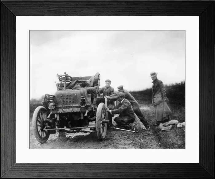 Framed Print : 1000 Mile trial; SF Edge reparing a puncture, 1900 Framed Print : 1000 Mile trial; SF Edge reparing a puncture, 1900