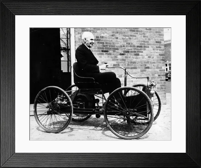 Framed Print : Henry Ford on a 1896 Ford, (c1940s?) Framed Print : Henry Ford on a 1896 Ford, (c1940s?)
