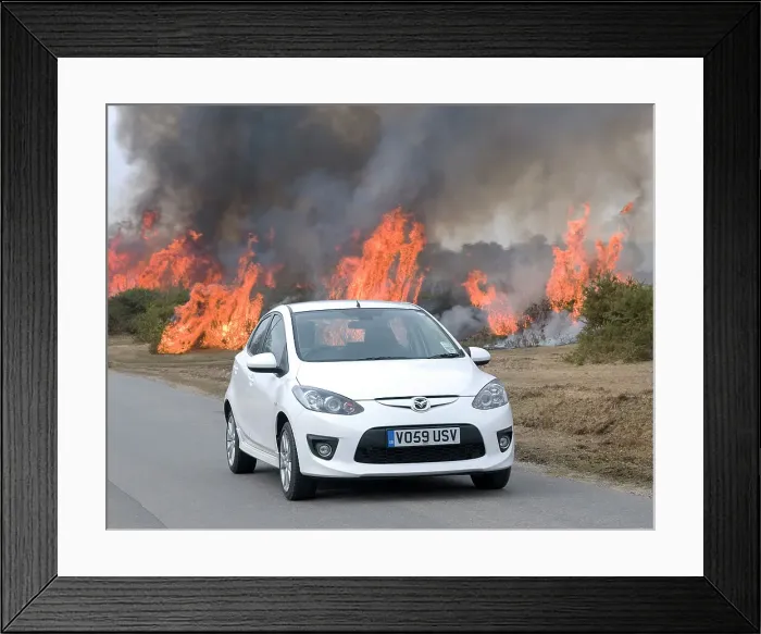 Framed Print : 2010 Mazda 2 Sport, controlled burning in New Forest Framed Print : 2010 Mazda 2 Sport, controlled burning in New Forest