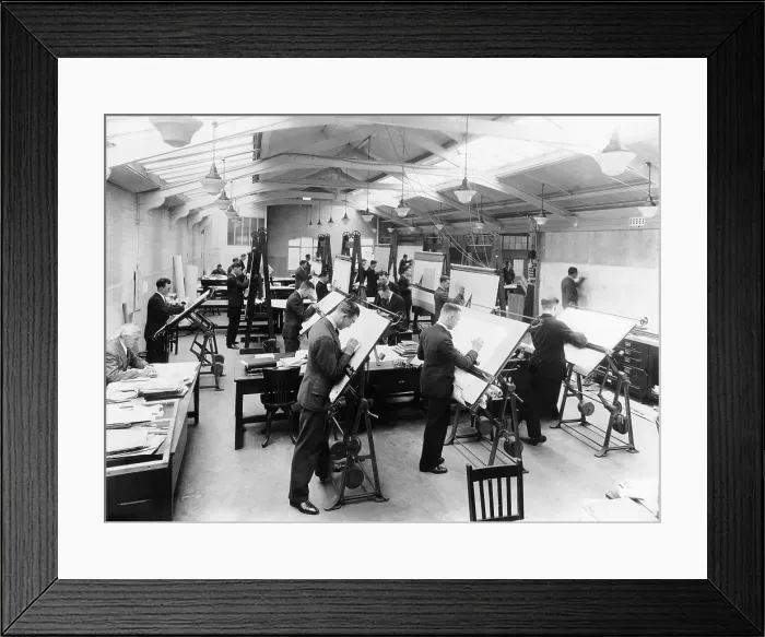 Framed Print : Draughtsmen in the drawing office, Vauxhall Motors, Luton, 1930 Framed Print : Draughtsmen in the drawing office, Vauxhall Motors, Luton, 1930