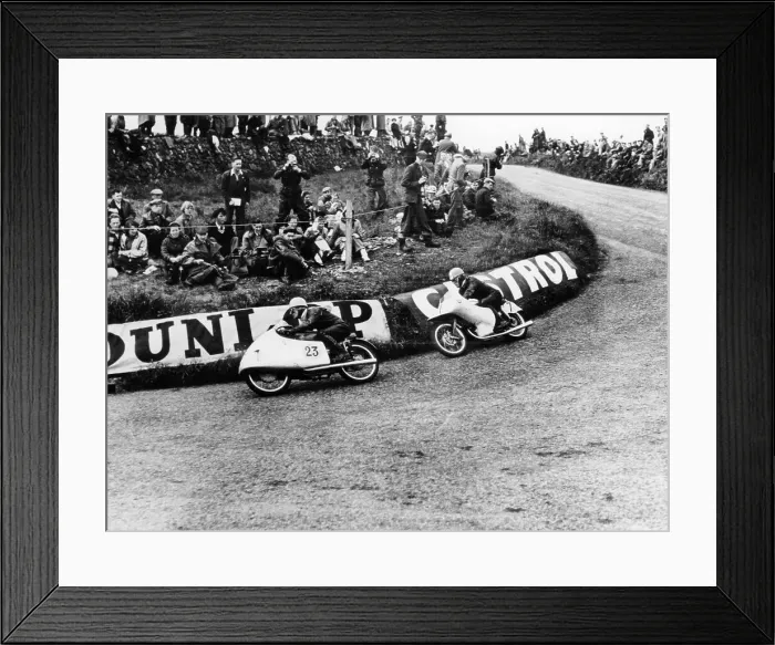 Framed Print : Rupert Hollaus on bike number 23, Carlo Ubbiali on bike number 7, 1954