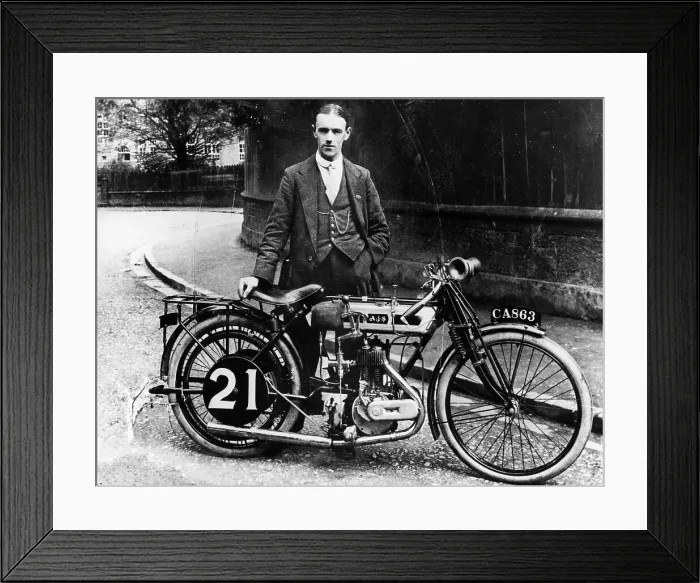 Framed Print : Billy Jones with an AJS motorbike, 1914 Framed Print : Billy Jones with an AJS motorbike, 1914