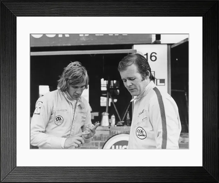 Framed Print : James Hunt with Charles Lucas, c1970 Framed Print : James Hunt with Charles Lucas, c1970