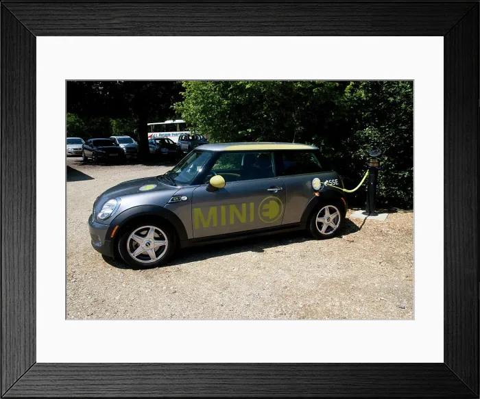 Framed Print : Electric Mini at battery charging point 2011 Framed Print : Electric Mini at battery charging point 2011