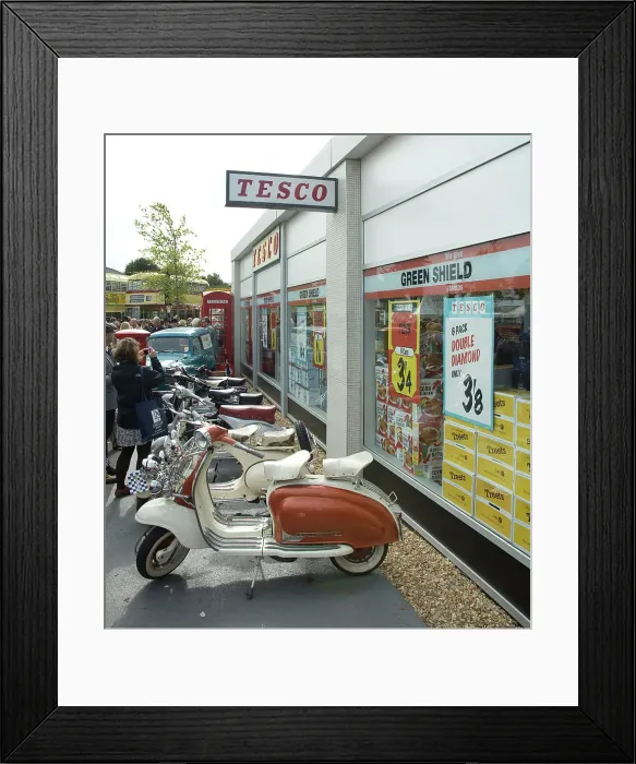 Framed Print : 2011 Goodwood Revival Meeting, Tesco retro shop and scooters Framed Print : 2011 Goodwood Revival Meeting, Tesco retro shop and scooters