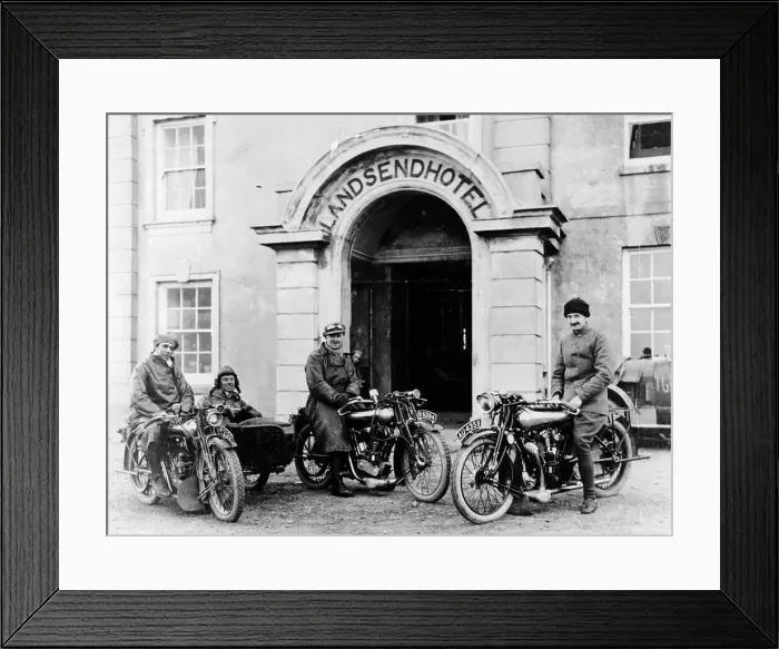 Framed Print : Motorcyclists with Mk1 Brough Superiors outside the Land's End Hotel, Cornwall, 1921 Framed Print : Motorcyclists with Mk1 Brough Superiors outside the Land's End Hotel, Cornwall, 1921