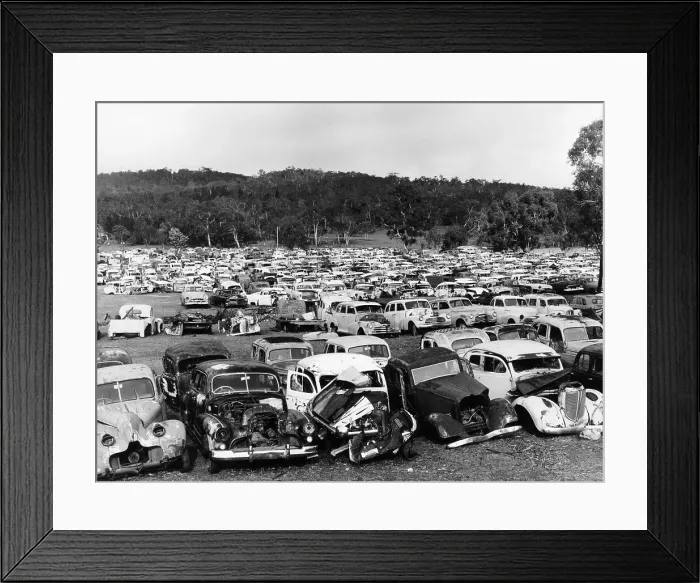 Framed Print : Old cars in a scrapyard, Cooma, New South Wales, Australia, 1973 Framed Print : Old cars in a scrapyard, Cooma, New South Wales, Australia, 1973