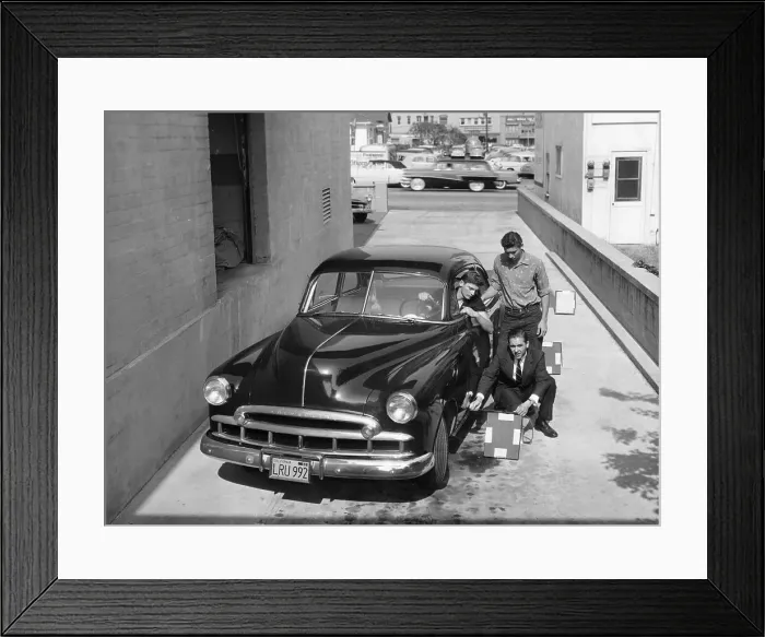 Framed Print : Men with a 1949 customised Chevrolet, (c1949?) Framed Print : Men with a 1949 customised Chevrolet, (c1949?)