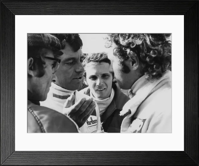 Framed Print : Mauro Forghieri, Alex Soler-Roig, Niki Lauda and Jocken Mass at Zandvoort, (1972?) Framed Print : Mauro Forghieri, Alex Soler-Roig, Niki Lauda and Jocken Mass at Zandvoort, (1972?)