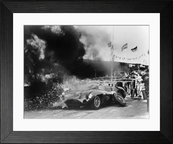 Framed Print : Aston Martin DBR1 on fire, Goodwood, Sussex, 1959 Framed Print : Aston Martin DBR1 on fire, Goodwood, Sussex, 1959