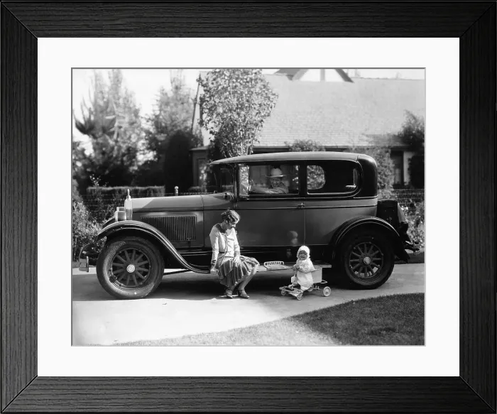 Framed Print : Stan Laurel at the wheel of 1927 Hupmobile with his wife Lois and daughter Lois Framed Print : Stan Laurel at the wheel of 1927 Hupmobile with his wife Lois and daughter Lois